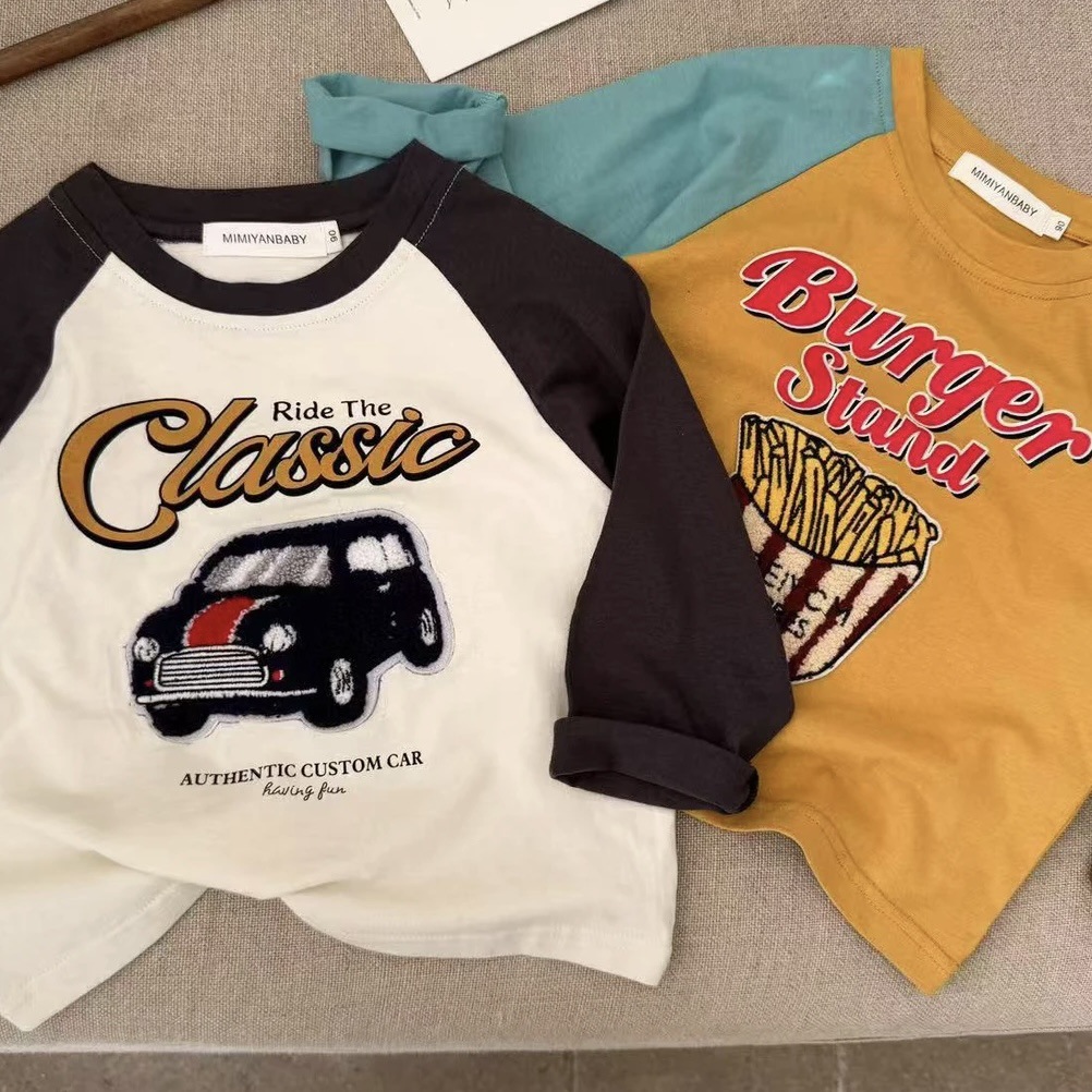 Children's T-shirt 2025 Spring New Style for Boys and girls, three-dimensional towel sleeve long-sleeved top, baby color contrast base Specification image