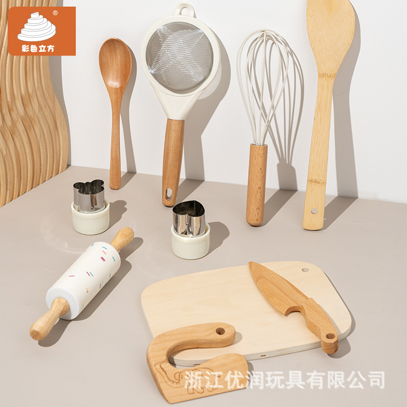 跨境厨房过家家玩具木质切切乐套装3-6岁儿童竹子刀砧板餐厨玩具