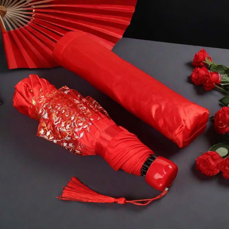 National trend wedding red umbrella: A large red three-fold umbrella with festive lace, a Chinese-style retro wedding folding umbrella Specification image