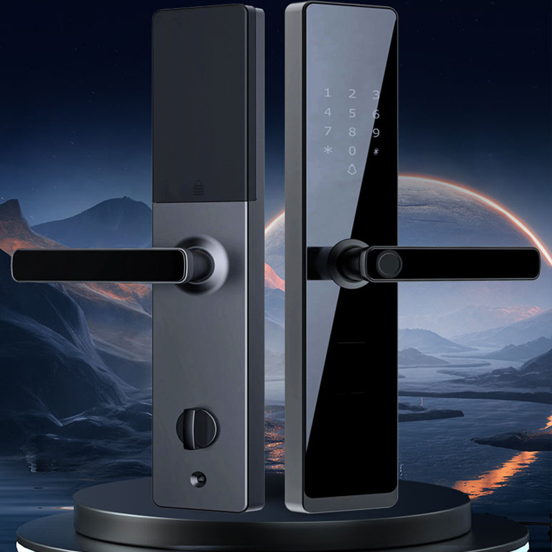 The black smart door lock is equipped with a digital keyboard, fingerprint recognition and a green circular indicator light handle details Picture