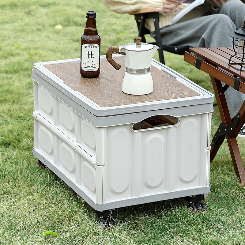 Car trunk storage box, outdoor camping storage box, folding camping organization, wooden cover picnic storage box details Picture