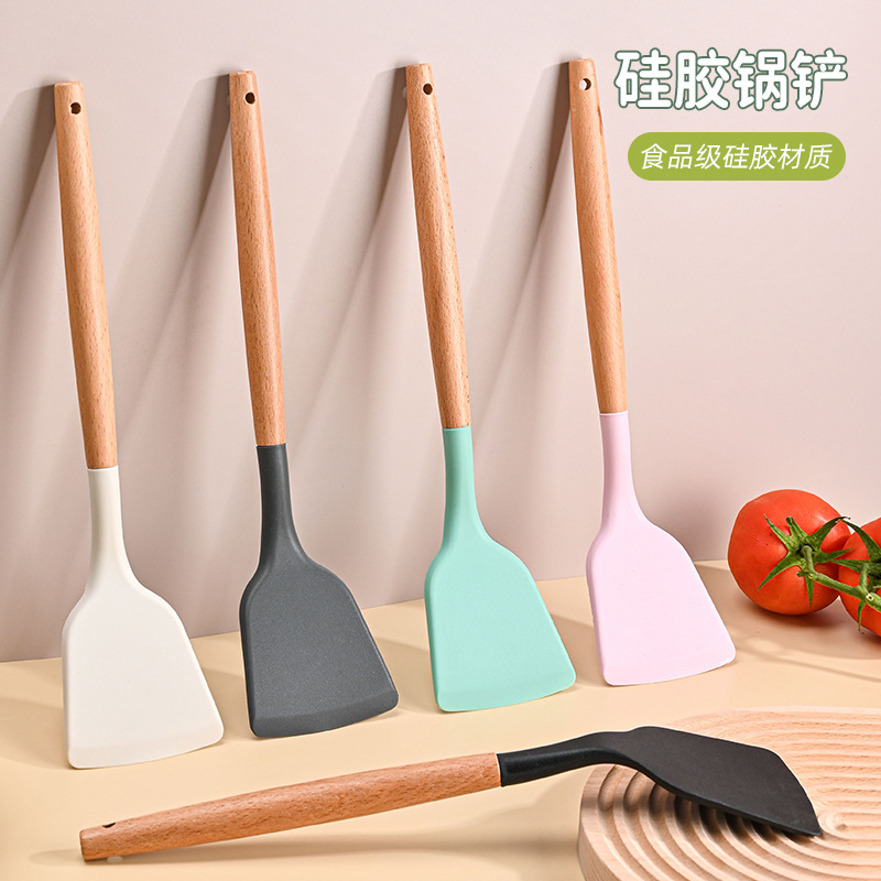 亚马逊热销木柄软硅胶锅铲食品级耐高温不粘锅硅胶铲子厨具批发