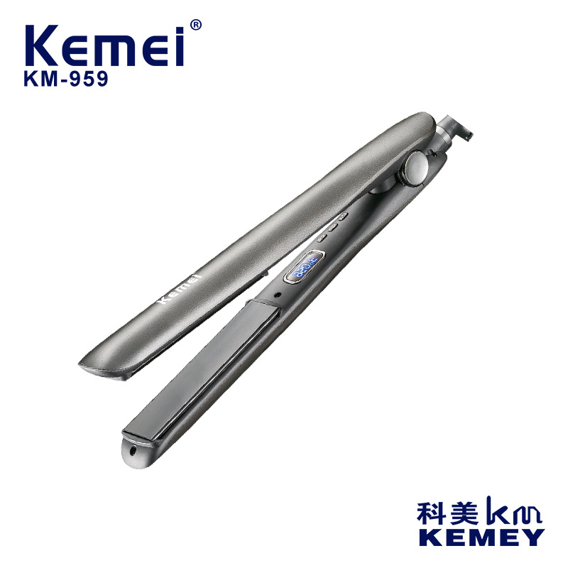 The Kemei KM-959 cross-border Straightening and curling iron features an intelligent digital display and adjustable straightening plate with negative ion hair care