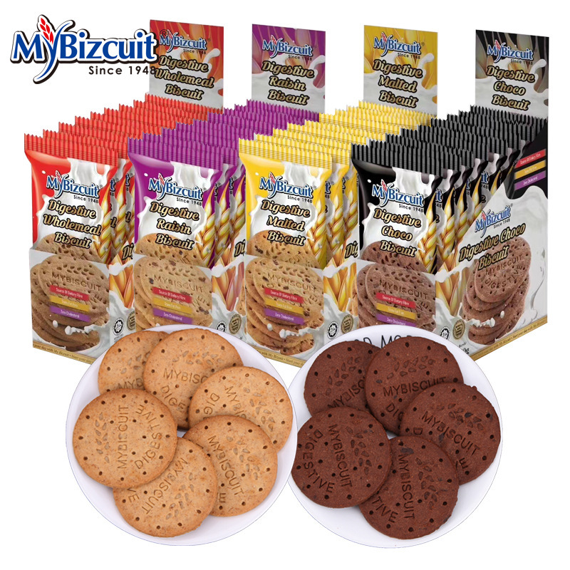 Malaysian imported Mabike whole wheat Biscuits 60g, a meal replacement and filling snack with grape malt and cocoa flavor Item Picture