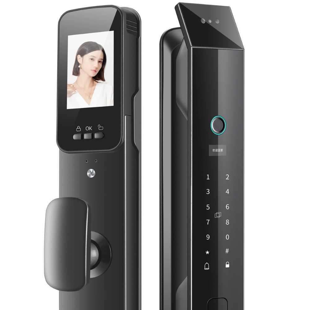 Black smart door lock, 3D facial recognition screen, digital keyboard, fingerprint recognition, C-level lock core, electronic doorbell Item Picture