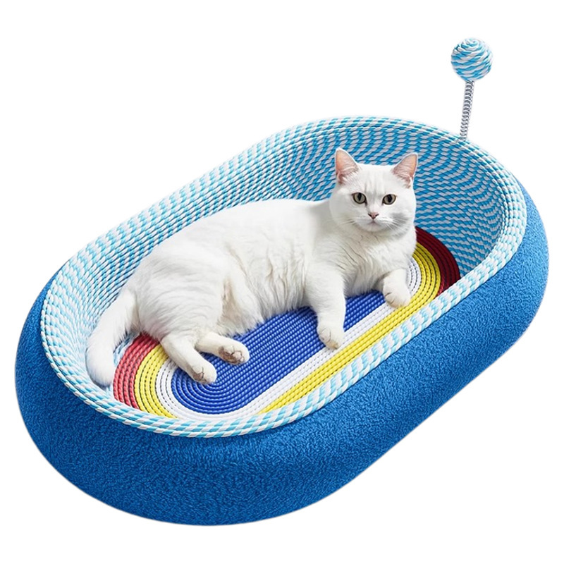 The cat bed and cat scratch board are integrated deep sleep beds that are wear-resistant and do not shed flakes. The cat paw board and cat toy stick are durable and scratch-resistant Item Picture