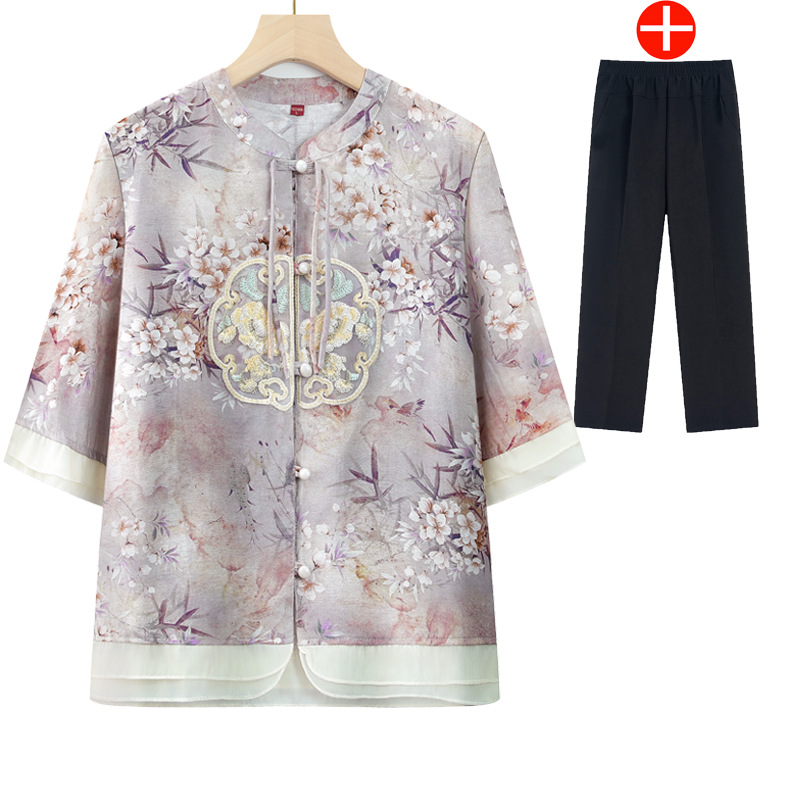"National trend mom summer dress, national style shirt, middle-aged and elderly women's clothing, new Chinese-style shirt, grandma seven-quarter sleeve cardigan top suit. details Picture