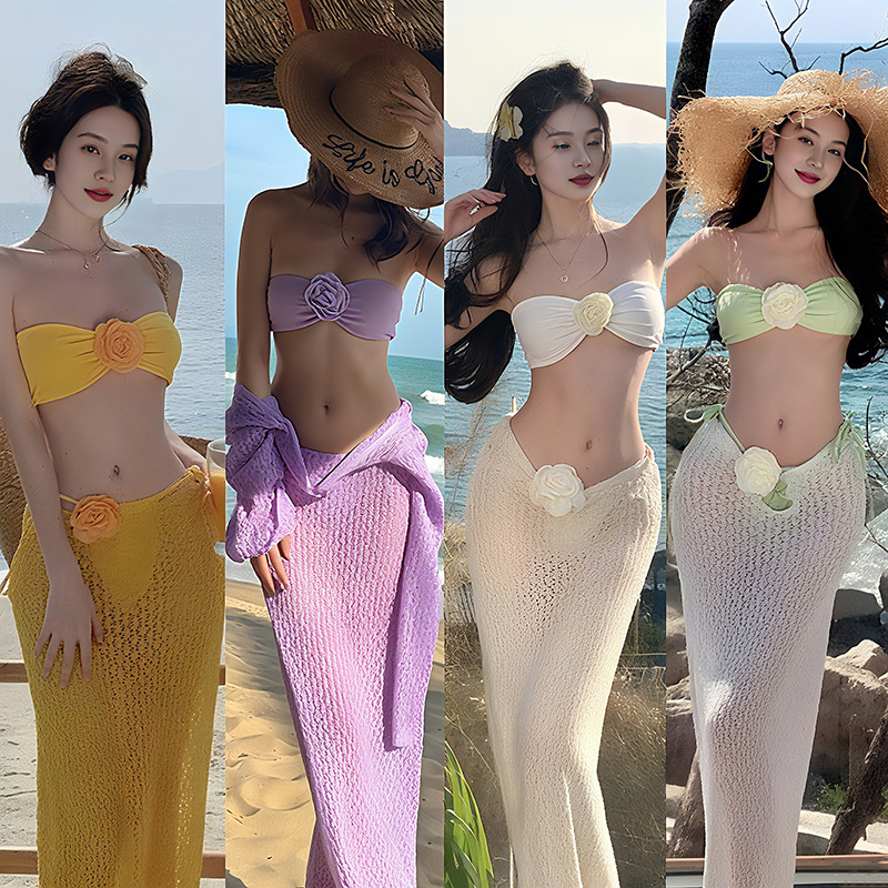 新款泰国泳衣黄色罩衫度假长裙比基尼拍照绝美高级感温泉泳衣-125092