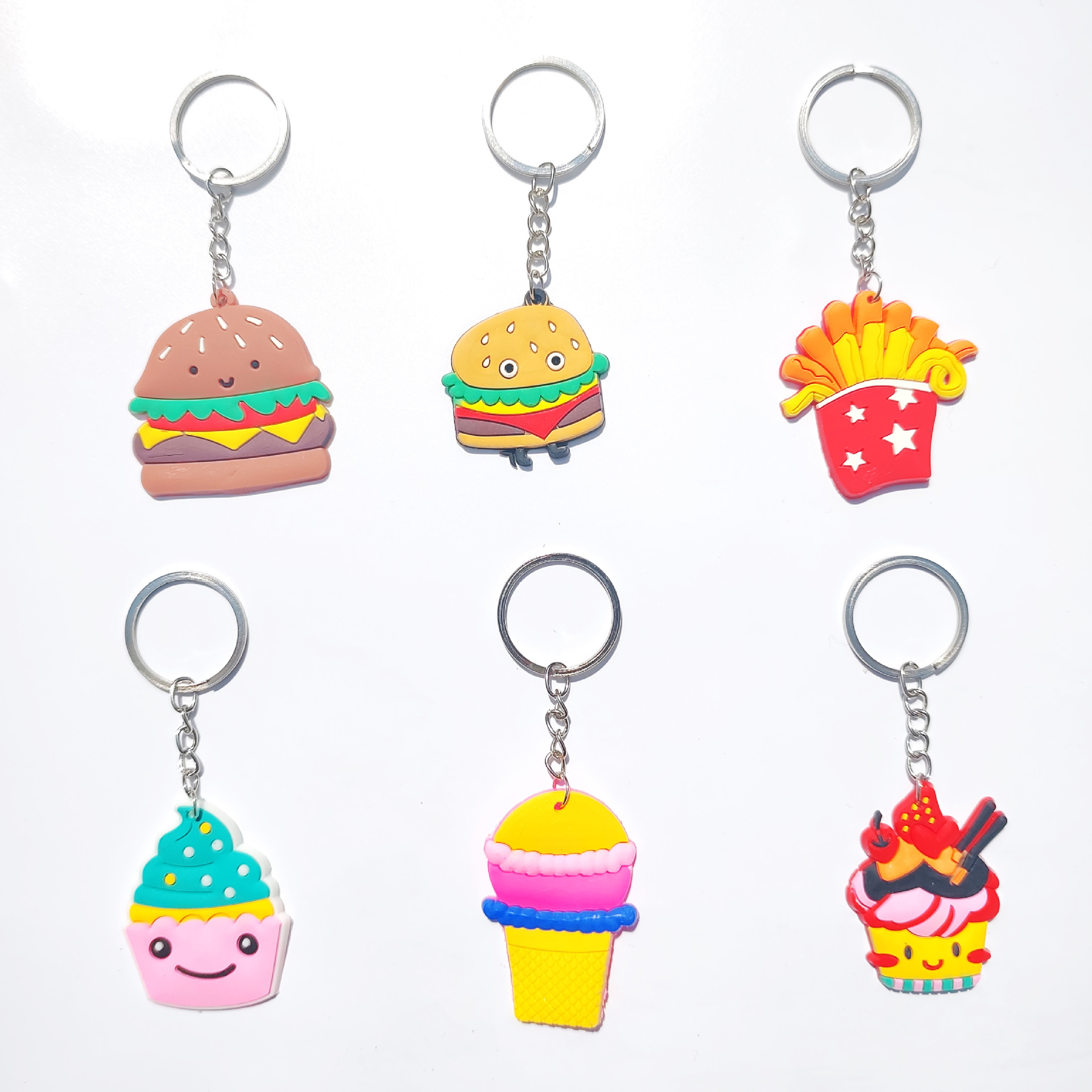 Doughnut keychain, doughnut decoration, PVC schoolbag decoration, PVC soft rubber keychain, hamburger and French fries keychain Application Scenario