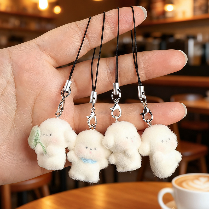 Cute three-dimensional flocking resin dog pendant, mini doll, mobile phone pendant, DIY keychain accessory Application Scenario