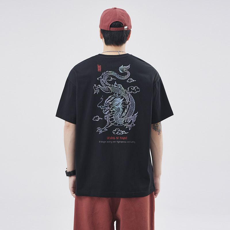 国潮2026夏季新款潮百搭国朝潮流印花中国龙重磅宽松T恤黑色韩版纯色