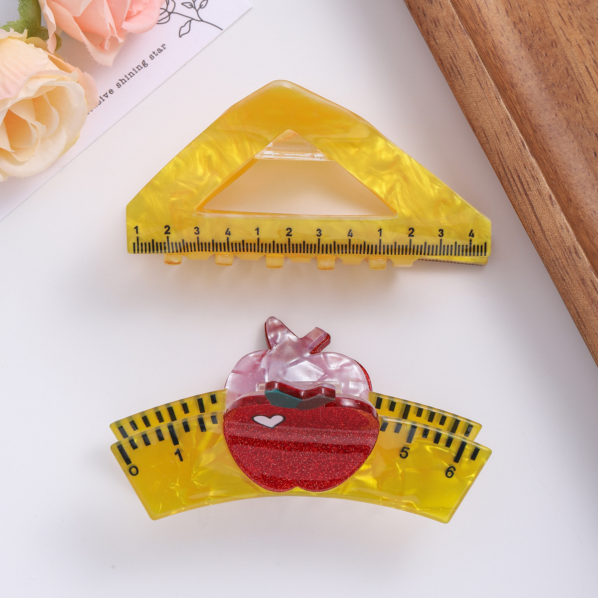 New fun geometric square, cartoon heart, apple ruler, shark clip, girl student, funny updo hair accessory details Picture