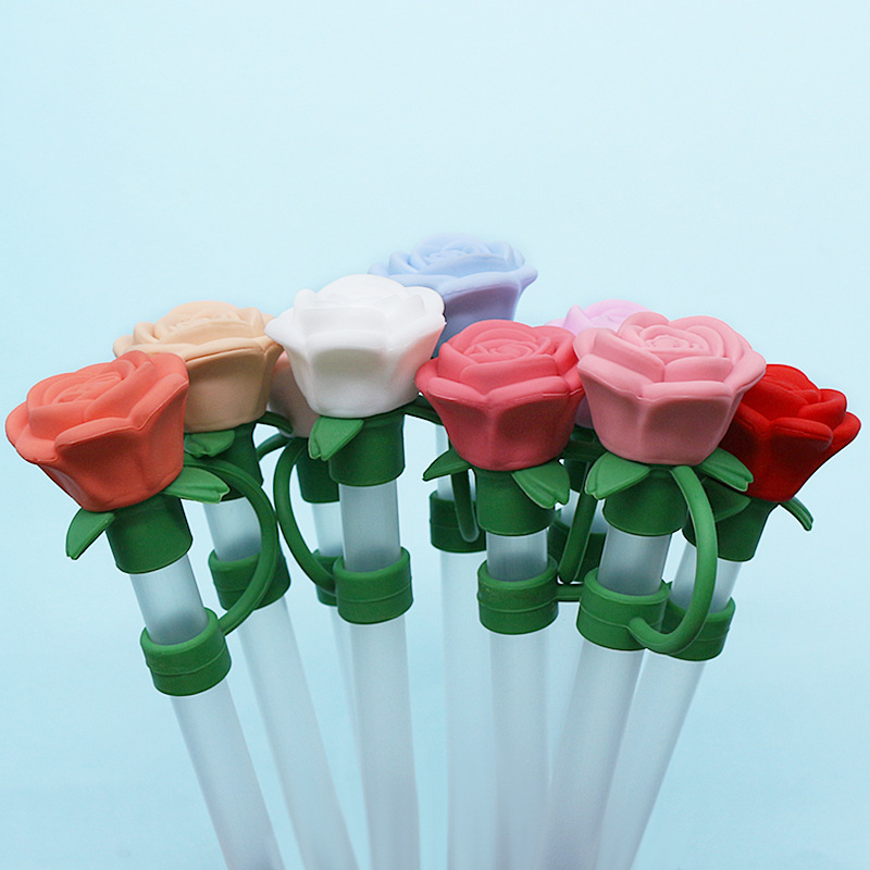 Amazon 3D silicone 10mm straw cap, cross-border cute rose straw, dust-proof and recyclable straw cap details Picture