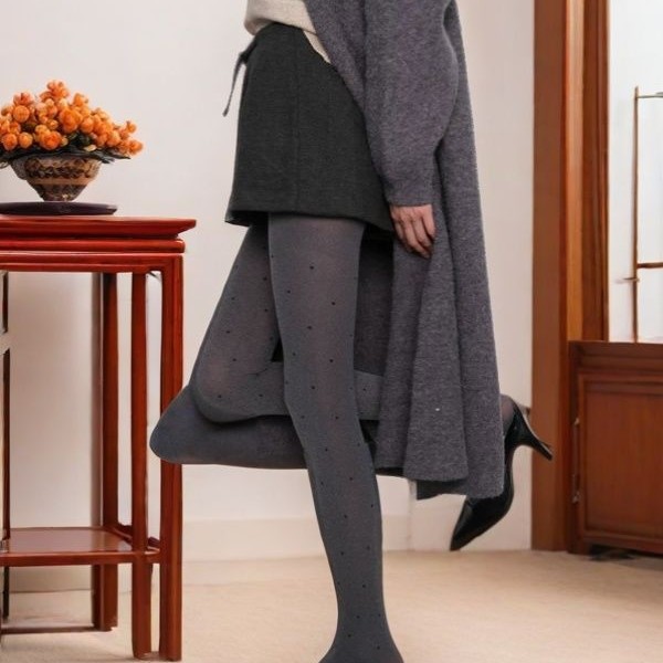 Grey polka dot silk stockings, spring and autumn thickened base socks, women's versatile retro heart-shaped velvet pantyhose Specification image