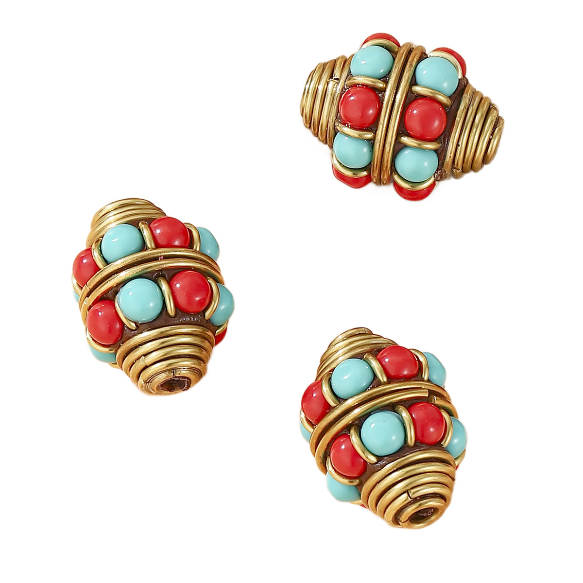 2024 New style Tibetan Nepalese beads, retro hand-inlaid red and blue beads, barrel beads, DIY jewelry accessories, brass round Item Picture