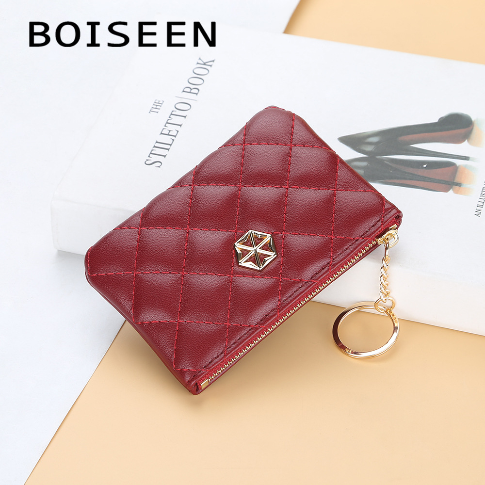 BOISEEN's new coin purse for women features a Korean-style embossed checkered zipper key case and a fashionable mini wallet card case for women details Picture