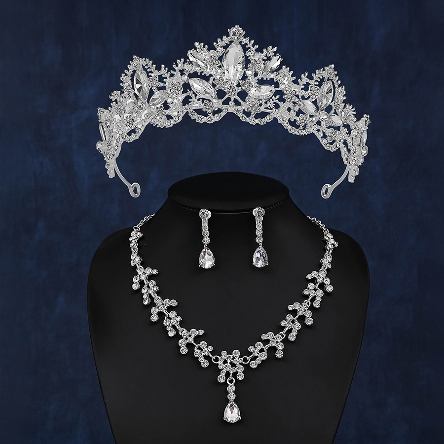 厂家直销新娘套链三件套发饰配件高端奢华新娘婚礼项链耳环发冠
