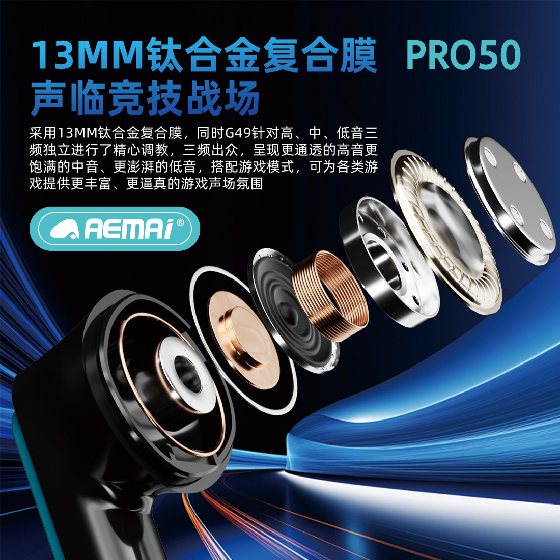 The new cross-border mecha headphones PRO50 wireless Bluetooth headphones are low-latency tws aemai Bluetooth headphones for gaming Specification image