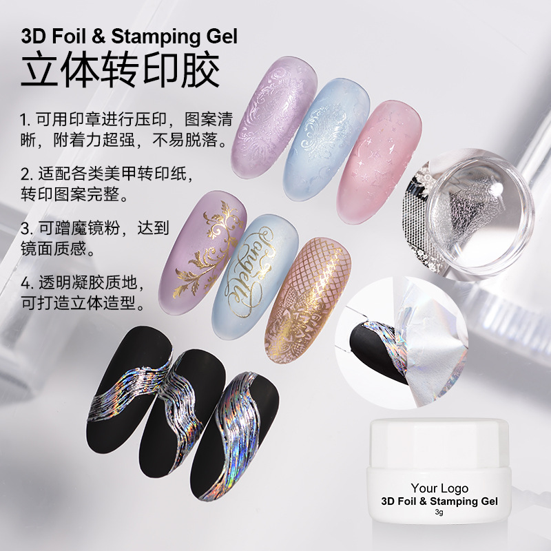 shanilak's new 3D transfer glue for nail art is specially designed for steel plate cellophane, featuring rapid transfer, high adhesion and long-lasting nail art performance. Customized Application Scenario