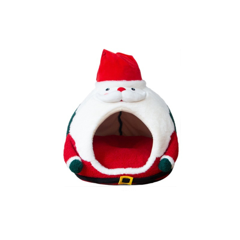 新款跨境圣诞老人猫窝保暖宠物窝猫咪狗狗窝垫深度睡眠宠物用品白底实物图