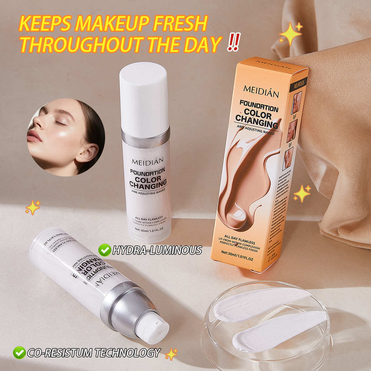 【 Cross-border Exclusive 】MEIDIAN Thermochromic Foundation, Natural Concealer, Hydrating and Long-lasting Foundation Wholesale details Picture