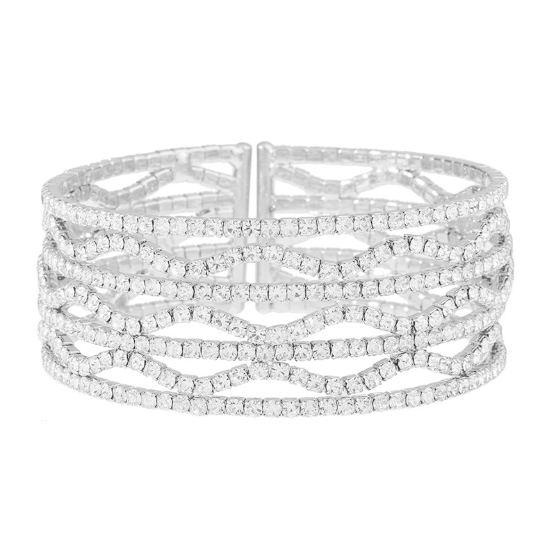 The manufacturer's new cross-border personalized and fashionable seven-row wavy rhinestone open bracelet with steel wire elastic design and diamond-encrusted shiny jewelry Item Picture