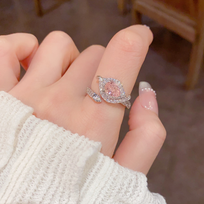 Cross-border personalized, fashionable, retro full-diamond leaf pink crystal open-mouth ring, exquisite, versatile and high-end index finger ring wholesale