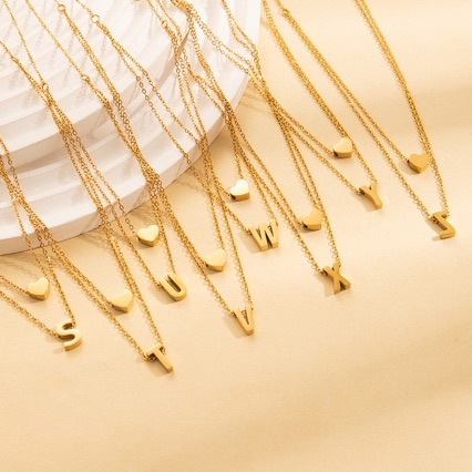 Cross-border best-selling double-layer heart-shaped necklace, elegant English letter collarbone chain, stainless steel titanium steel neck chain necklace