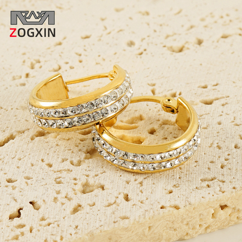 跨境欧美INS风满钻钛钢耳环女高级感轻奢18K圆形不锈钢耳圈批发