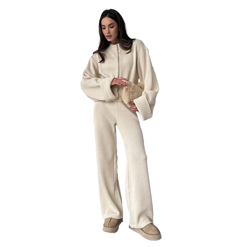 Cross-border knitted long-sleeved wide-leg long pants set, European and American 2025 autumn/Winter new zipper coat long pants casual set Item Picture