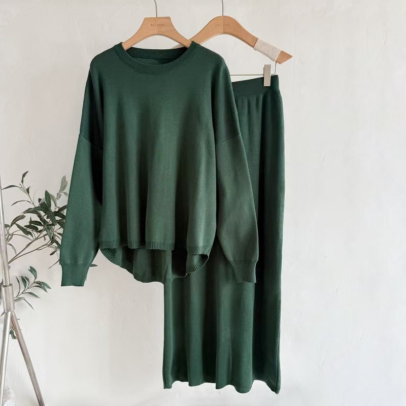 Cross-border sweaters, European and American Amazon foreign trade women's clothing autumn and winter solid color simple long-sleeved fashionable casual knitted sets details Picture