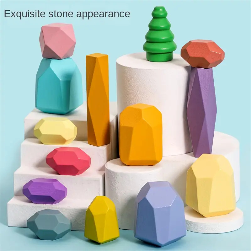 Cross-border children's stacked stones, colorful stones, Montessori early education and intelligence development, colorful stacked high wooden building blocks, stacking fun toys details Picture
