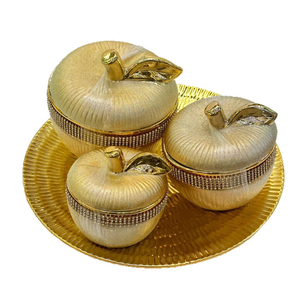 Apple-shaped light luxury electroplated ceramic storage tank with diamonds, snack and dried fruit storage box, creative gold decorative piece Item Picture