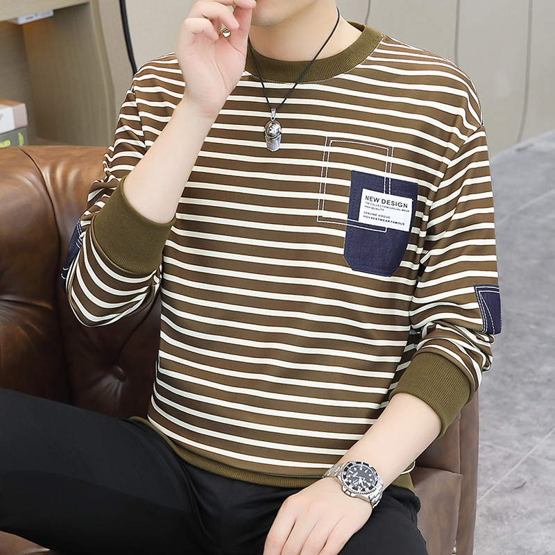 Striped round-neck hoodie for men, spring and autumn loose trendy brand casual base layer, men's style, paired with long-sleeved T-shirt inside Specification image