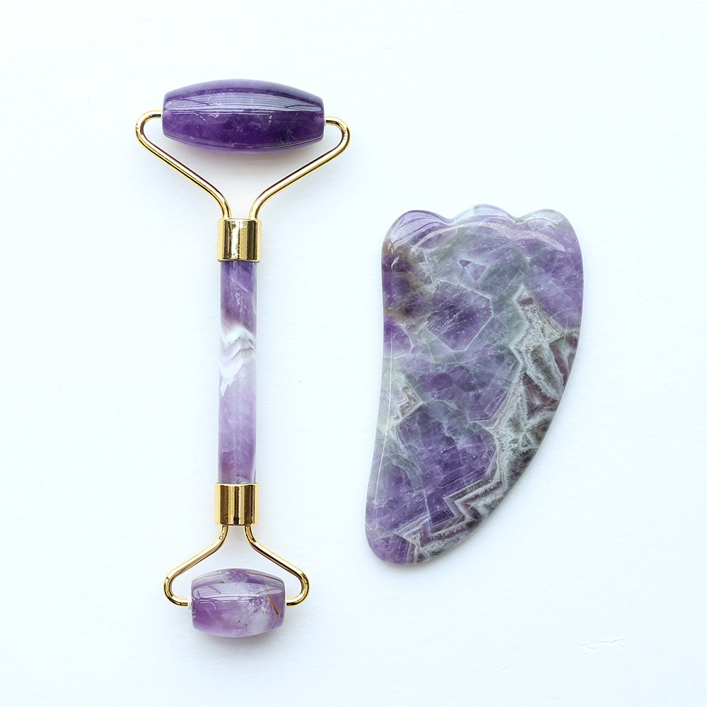 Amethyst roller massager set, facial jade push gua sha board, facial massage board, whole body lymphatic drainage manufacturer Item Picture