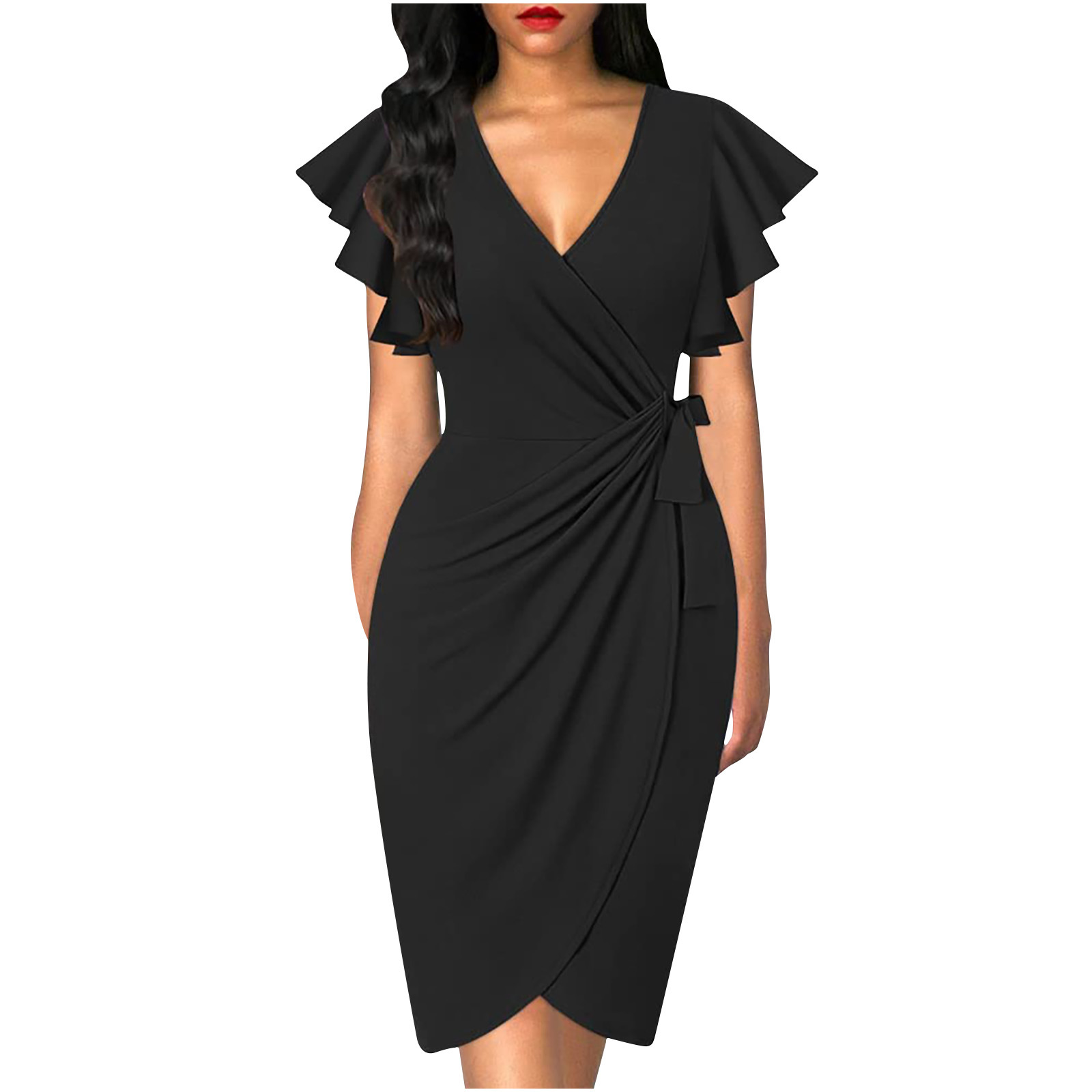 In 2023, a sweet and elegant style of cross-border foreign trade between Europe and America, a twisted, figure-hugging, waist-cinching, pleated solid color dress for women Specification drawing