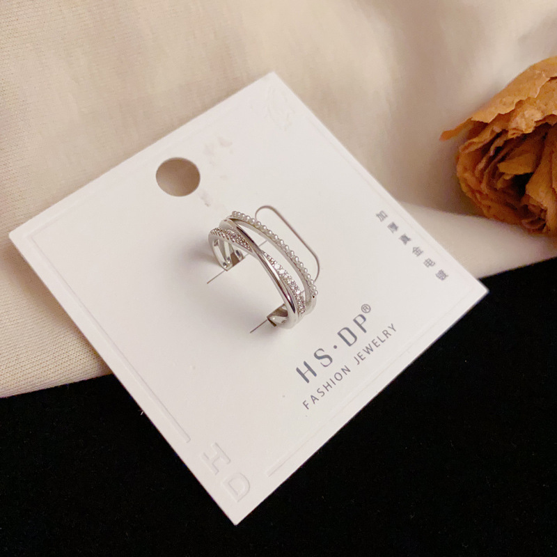 Summer new minimalist design, pearl and diamond double-layer cross ring, personalized, light luxury, versatile open ring wholesale details Picture