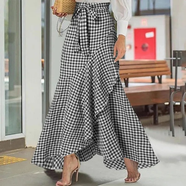 Cross-border women's checkered mermaid skirt with ruffled edges and irregular hem, high-waisted casual umbrella-wrapped long dress Specification drawing