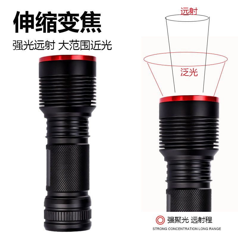 跨境新款xh-p50强光手电筒伸缩变焦远射户外led手电筒防水细节图