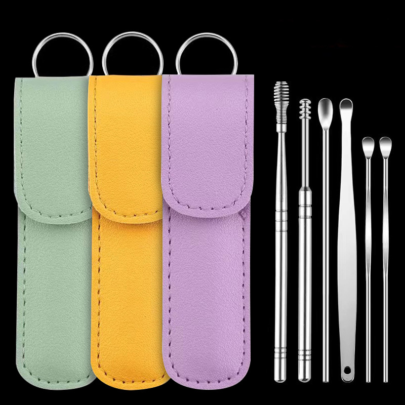6-piece set of stainless steel ear picks, portable keychain, spiral ear picks, ear scoops, ear pickles and tool sets