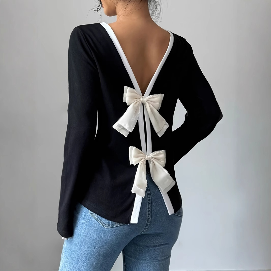 European and American cross-border Amazon slim-fit long-sleeved T-shirt for women's clothing, bow base layer top full figure