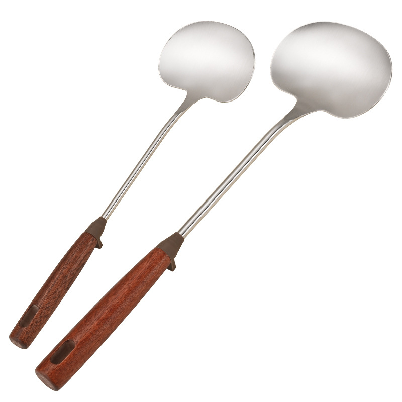 304 stainless steel mushroom spatula for household kitchen, wooden handle stir-frying spatula, sandalwood high-temperature resistant and anti-slip cooking pot spatula Item Picture