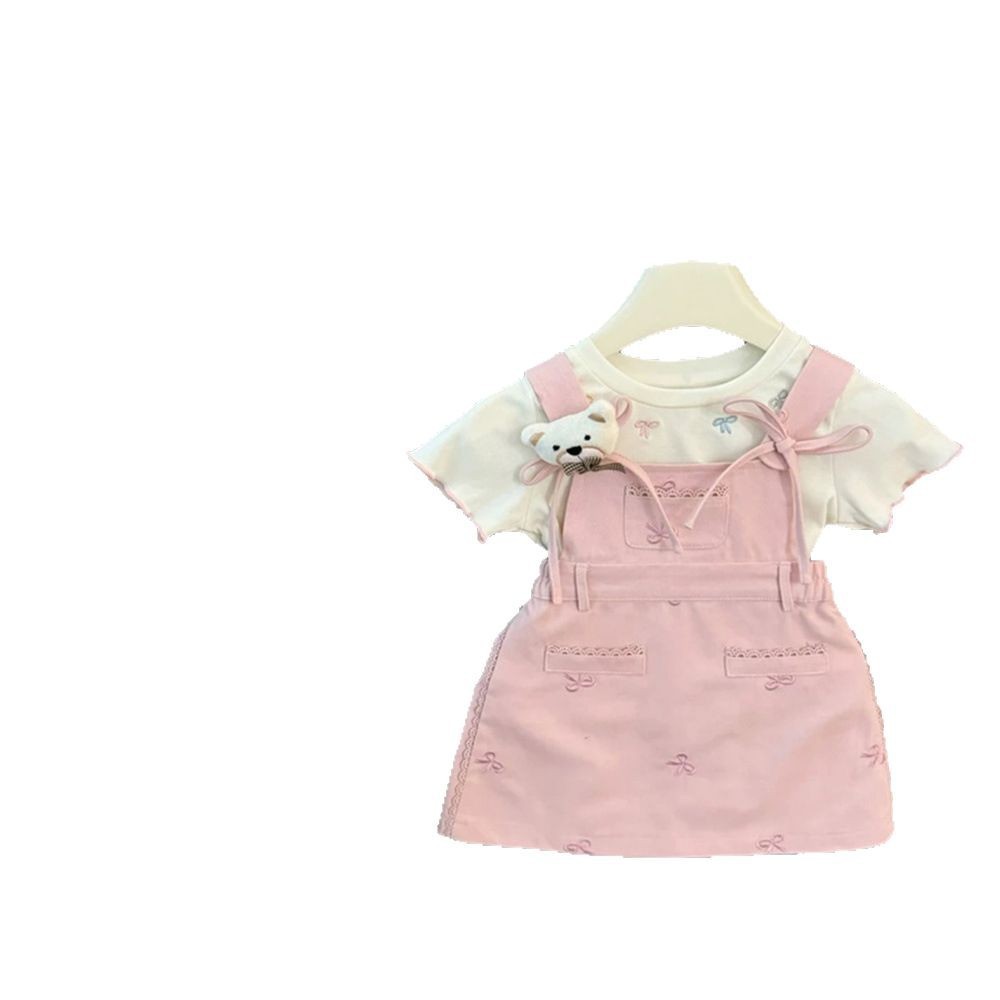 Ningli's new summer cherry blossom pink! The sweet and cool white and pink bow overalls T-shirt set for the baby girl is trendy Item Picture