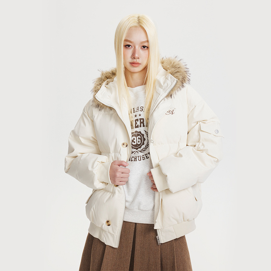 CATTEE美式复古90白鸭绒毛领连帽羽绒服男女冬季防寒保暖短外套潮