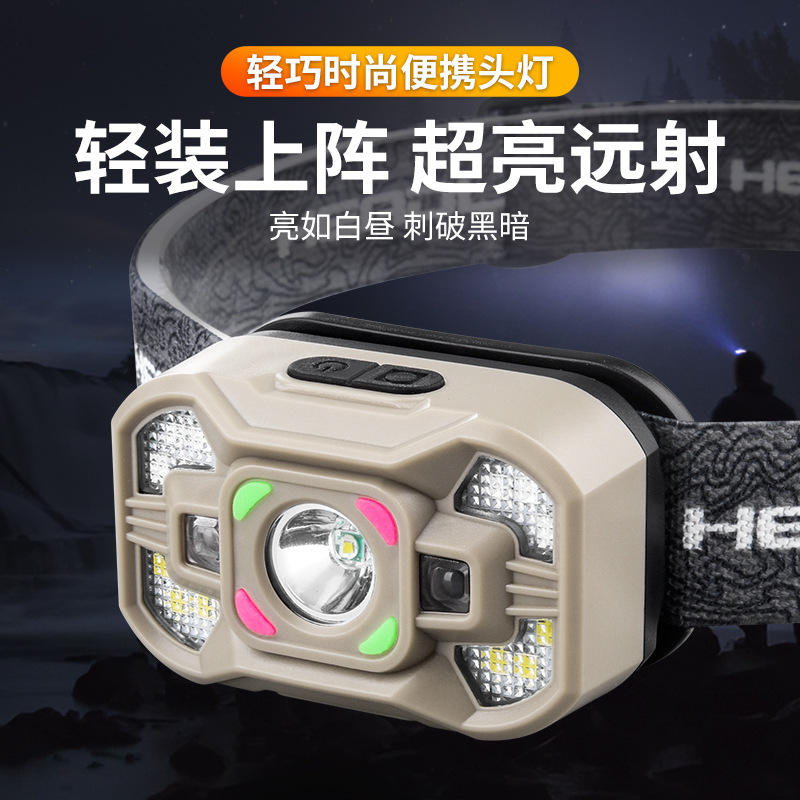 跨境智能感应小头灯多功能多光源充电户外头戴式手电筒夜钓灯批发