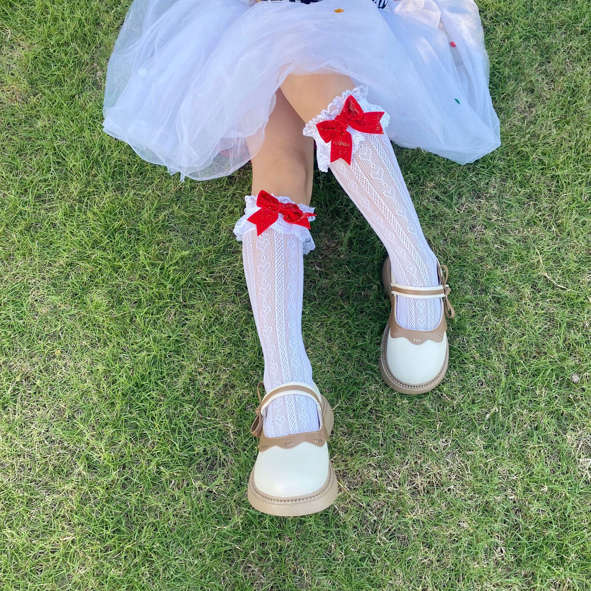 洛丽塔蕾丝花边公主袜女童短袜子薄款红色蝴蝶结女孩长筒袜小腿袜