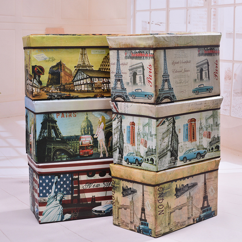 Retro-style large-capacity storage box, folding storage box, easy to clean, seating storage stool, home goods organization box