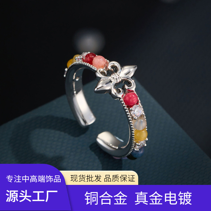 源头工厂复古宫廷风鸢尾花开口戒指铜合金真金电镀天然石精致指环