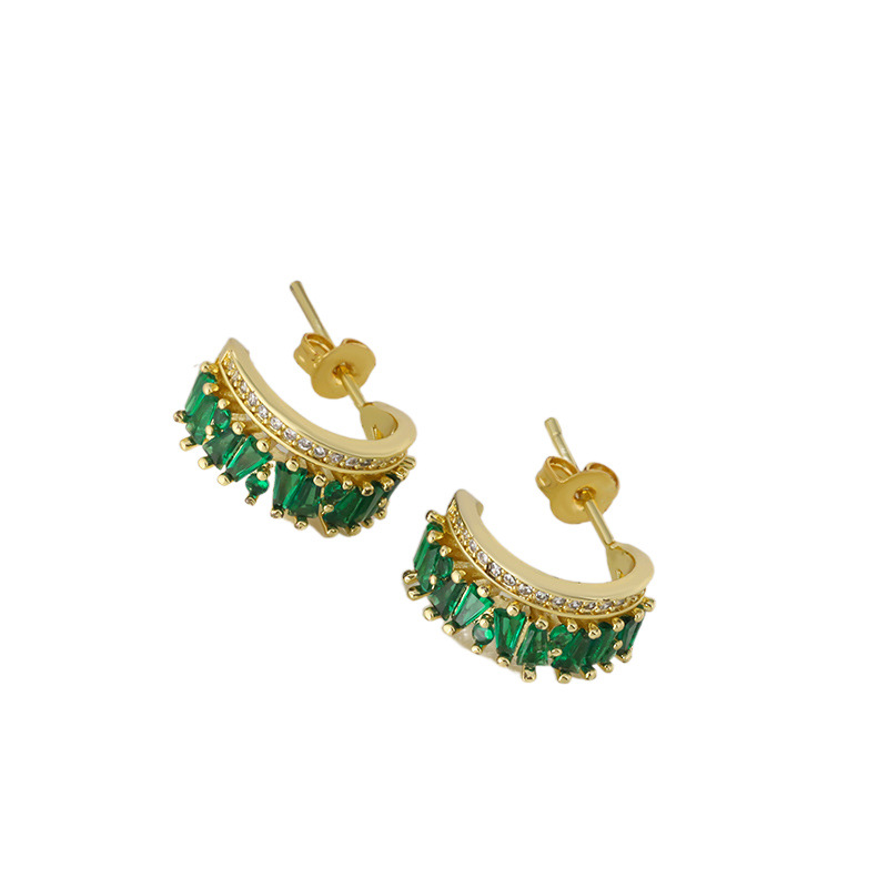 Classic women's fashion accessory: Green zircon C-shaped stud earrings, luxurious diamond-encrusted earrings, Valentine's Day gift for the party Item Picture