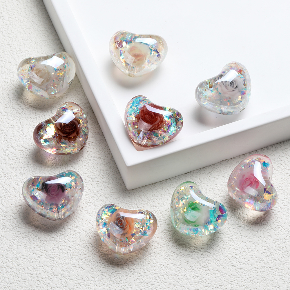 Optical rose-plated heart vertical hole with beads, electroplated resin round beads, loose beads, DIY jewelry keychain accessories Specification image